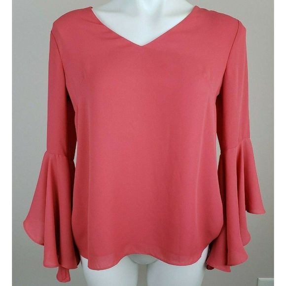 White House Black Market Pink Elsa Drape Back Blouse Shirt 3/4 Bell Sleeve 2 NWT - Picture 1 of 4